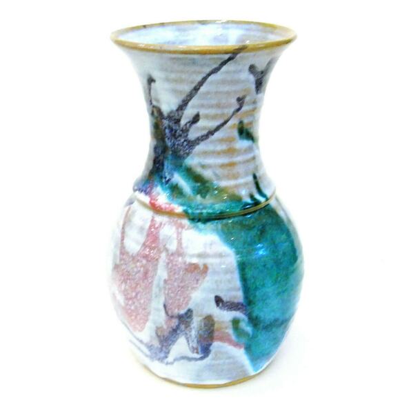 Artisan POTTERY VASE Teal Purple Pink Blue White Decorative Signed AL Studio Art - Picture 1 of 6